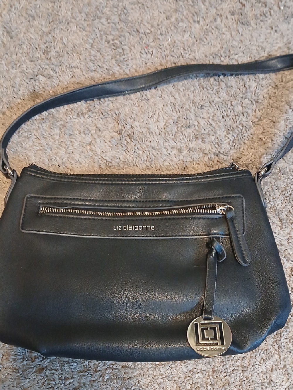 Liz Claiborne Black Leather Shoulder Bag with Logo Charm